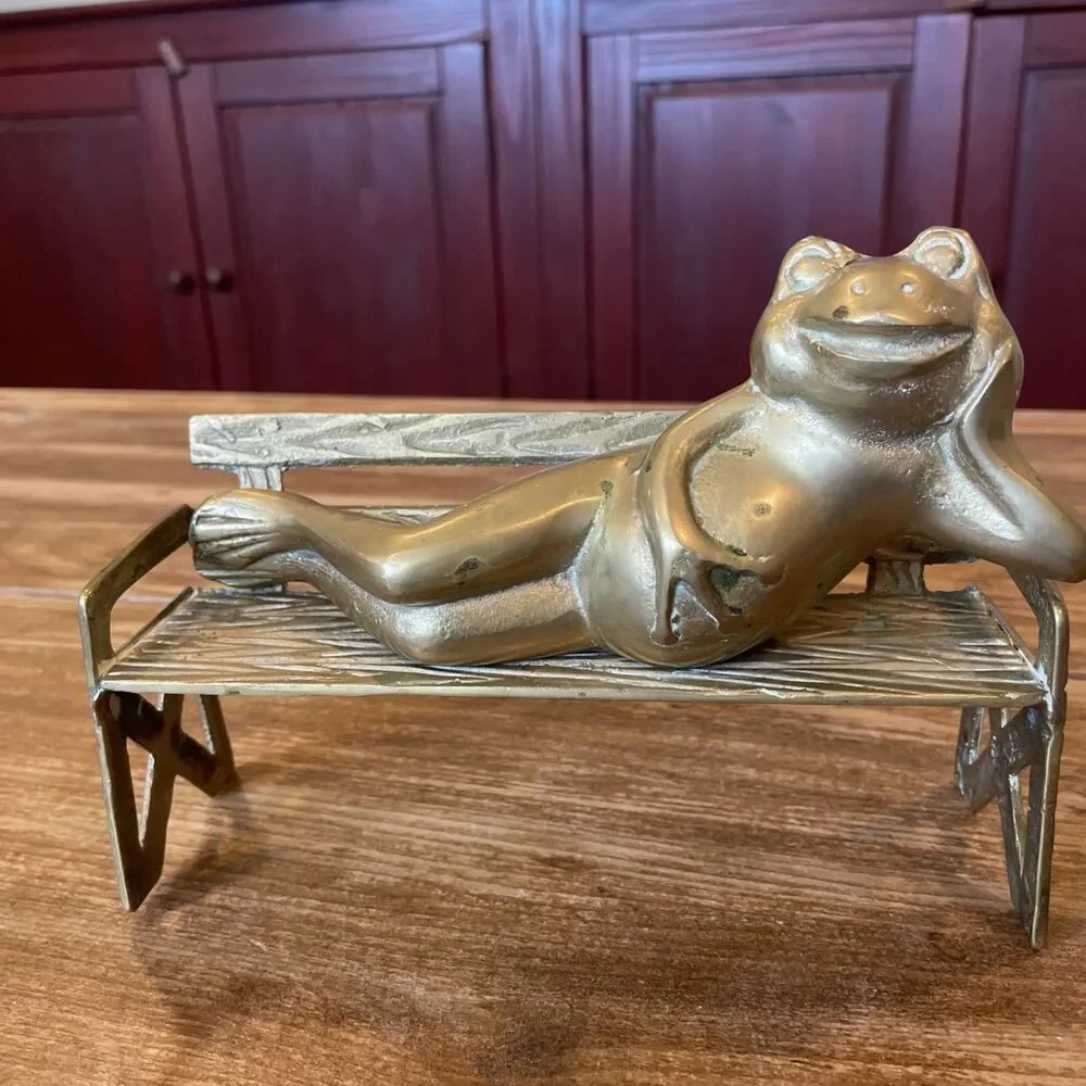 Vintage Solid Brass Statue, Relaxing Happy Frog on Bench- Garden Home Decor.